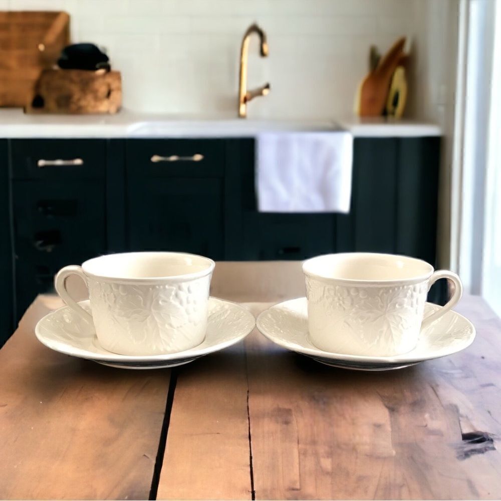 Mikasa English Countryside White Stoneware Flat Cup & Saucer Set (2)